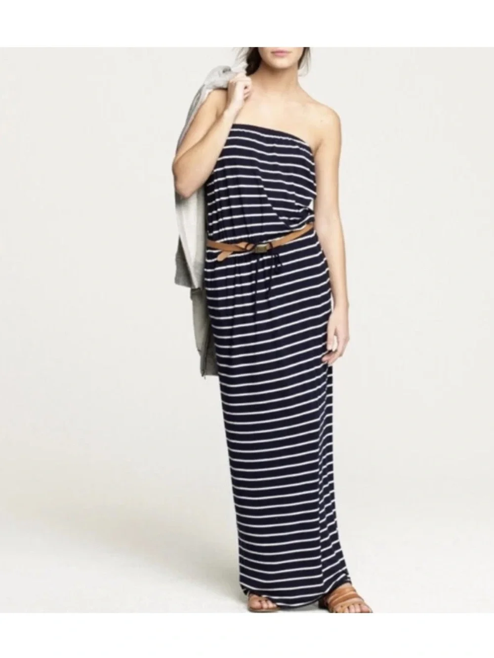 J. Crew Navy and White Strapless Maxi Dress with Slim Tan Belt